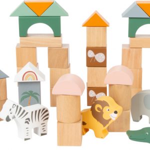 holzbausteine set "safari" 50 teilig mit tierfiguren & aufbewahrungsbox